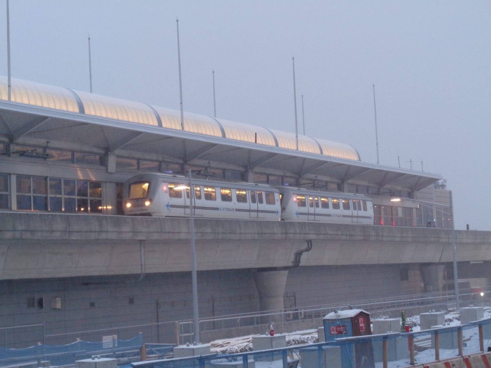The AirTrain JFK station seen from Platform E at Jamaica, the interchange most JFK to Manhattan rail trips pass through