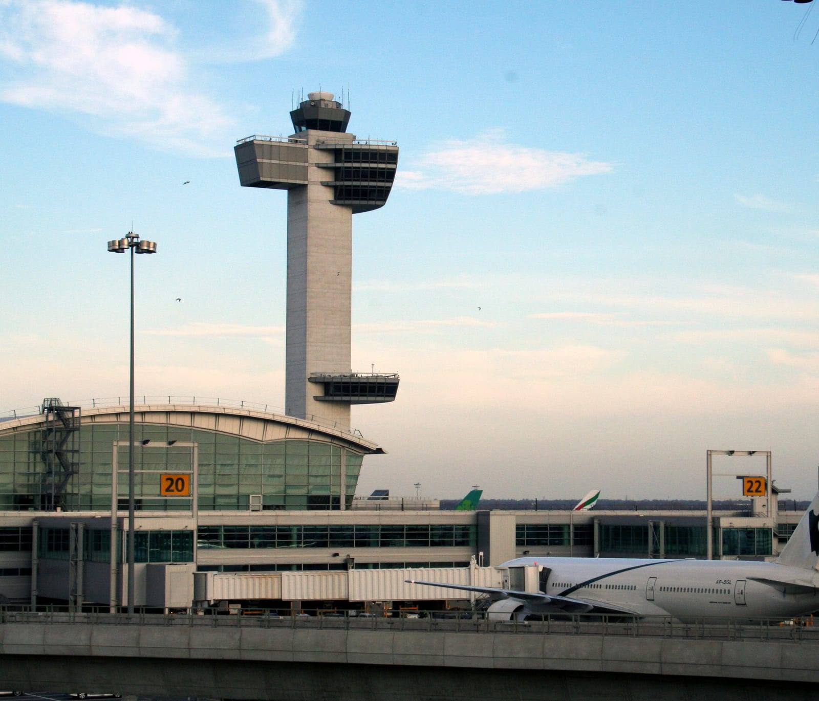 The control tower and a terminal at John F. Kennedy International Airport