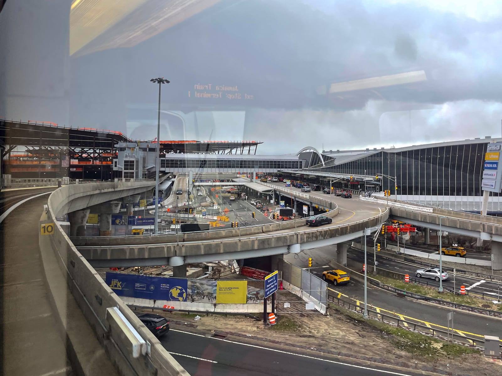 JFK Terminal 1 seen from an AirTrain car on the elevated loop