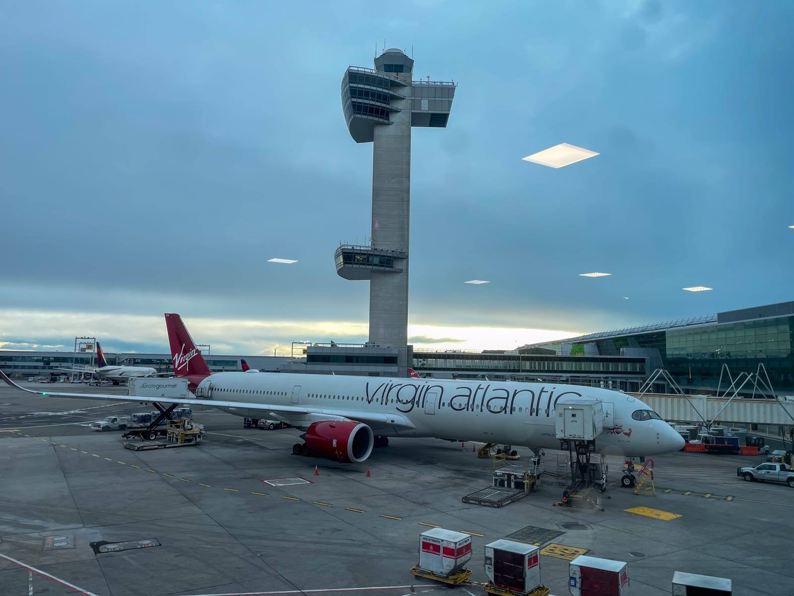Aircraft on the stands at JFK Terminal 4, seen from the concourse